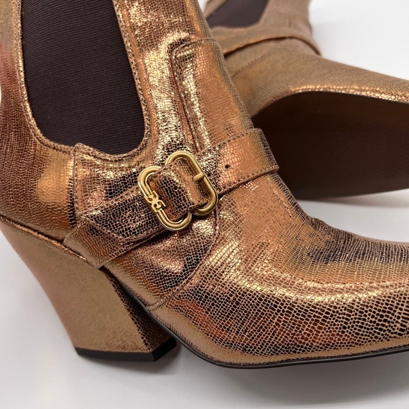 SAM EDELMAN Suzette Buckled Western Booties Womens 8 Gold Bronze Lizard Embossed - Picture 9 of 10